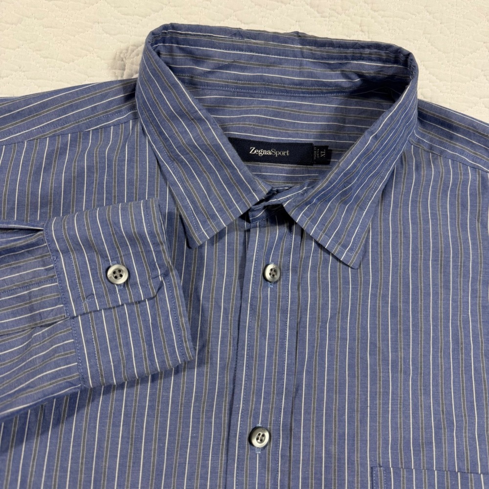 Zegna Sport Button Down Mens XL Blue Striped Luxury Cotton Classic Lightweight